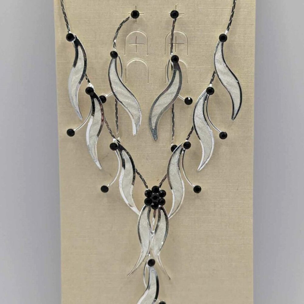 Cascading Metal Mesh Feather Necklace & Earrings Set with Black Rhinestones